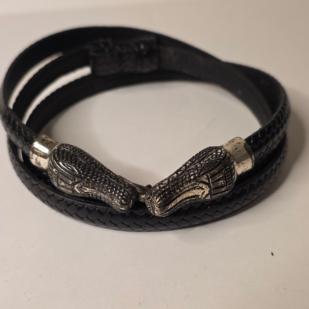 Vintage Chicos Black Braided Leather Belt Silver Crocodile Alligator Heads M/L
